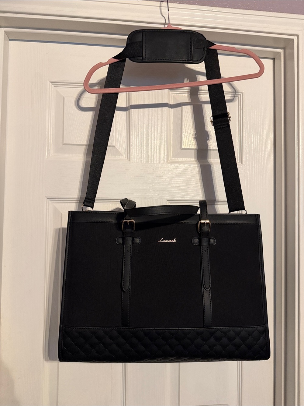 Black Quilted-Trim Laptop Tote with Adjustable Shoulder Strap